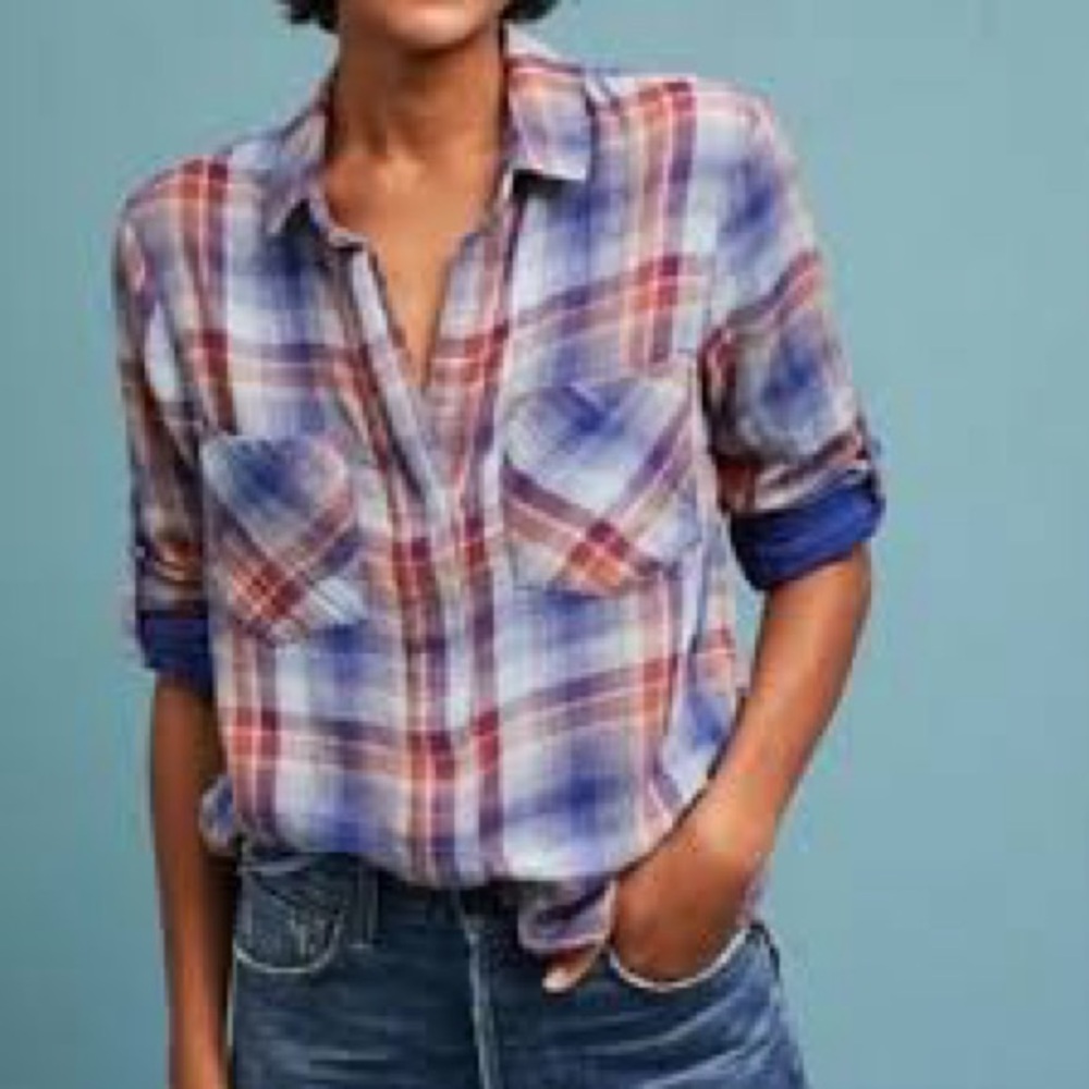 Plaid Button-Up Shirt in Blue and Red